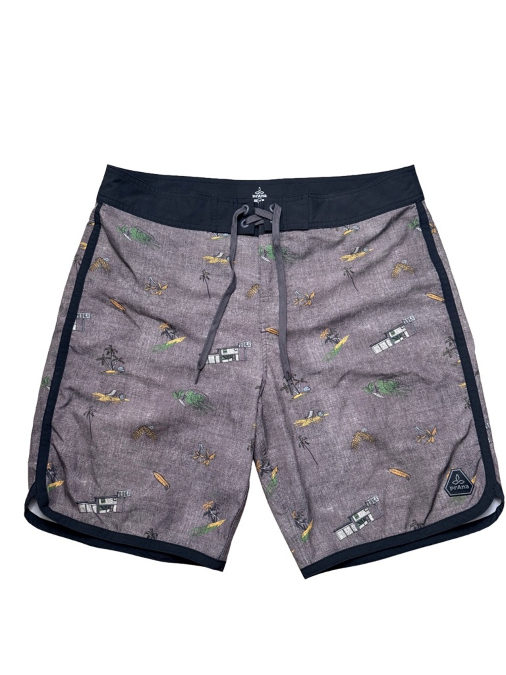 Prana Men's Heather Gray Palm & Surf Print Swim Shorts with Black Trim